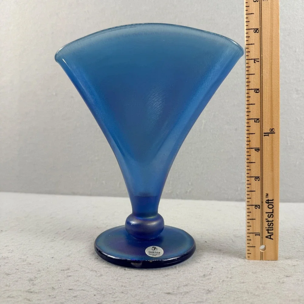 Fenton MMA Blue Satin Iridescent Stretch Glass Fan Vase Handmade‎ in USA 8 Inch